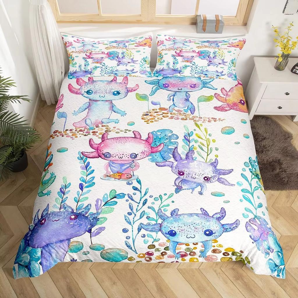 Karton Axolotl Weiches Bettbezug-Set Süßes Salamander-Bettwäsche-Set Kawaii Tierdecke Warme Deckenbezug für junge Jungen junge Mädchen Frauen Schlafzimmer Dekor