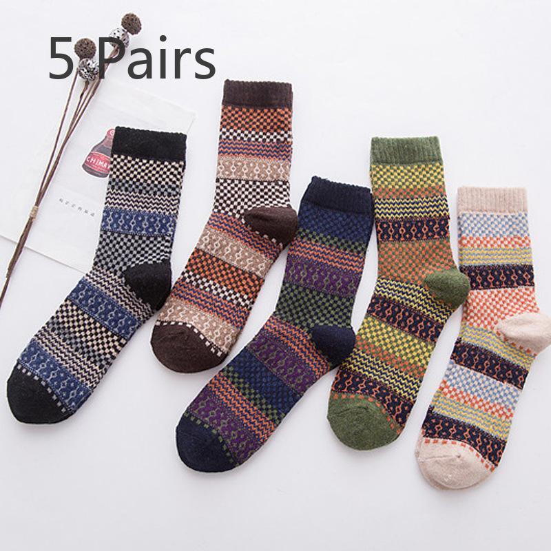 5 Pairs of Men's Autumn and Winter Rabbit Wool Socks, Mid-calf Men's Socks, Small Checkered, Retro Ethnic Style