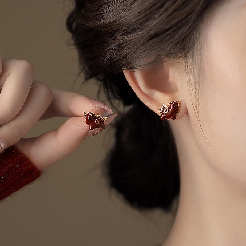 Zodiac Horse Silver Needle Drip Oil Earrings - Retro Elegant Lightweight Studs