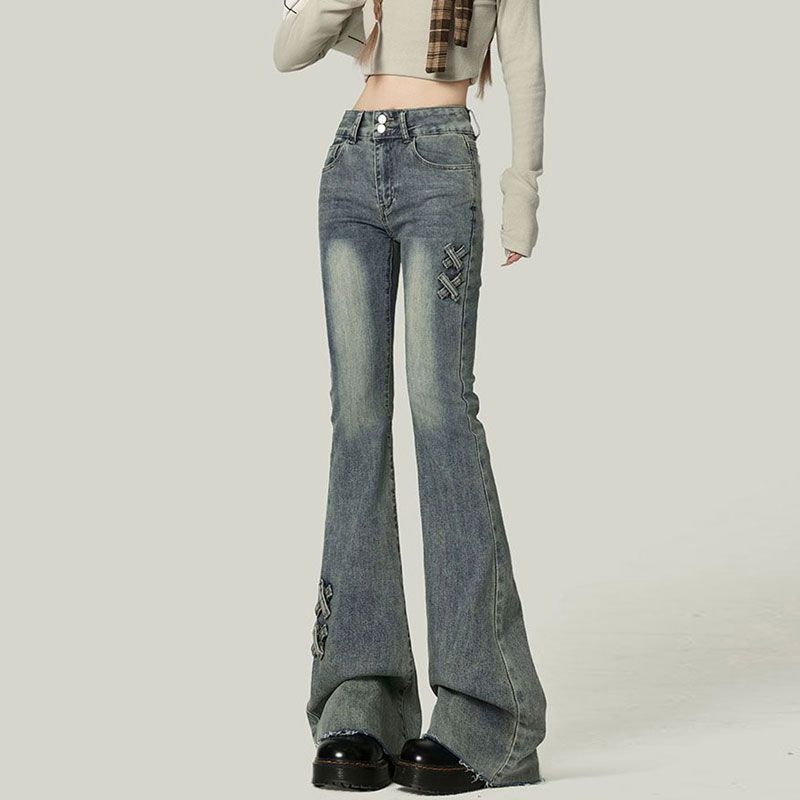 Vintage Double Button Micro Flare Jeans Female Summer Stretch Slim Slim Slim Horseshoe Trousers Retro Street Style Baggy Long Jeans for Ladies