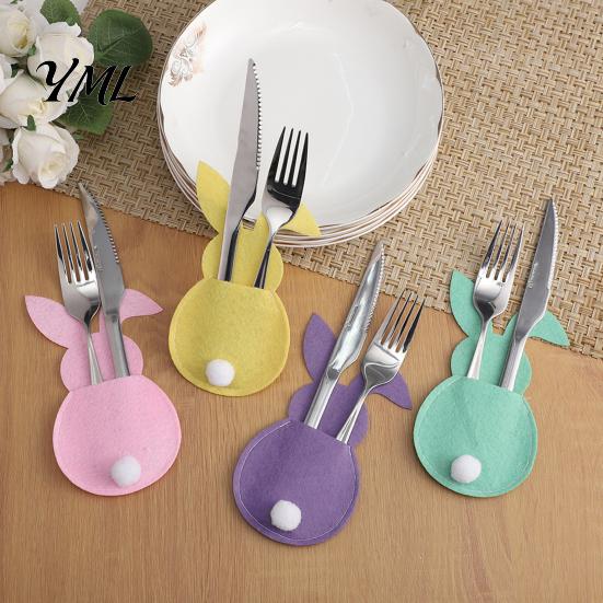 Felt Tableware Organizer 4 Pcs Easter Bunny Cutlery Holders, Pouch Bags, Cute Rabbit Utensil Plush Tail Table Settings Sleeve, Spring Fork Spoon Knife