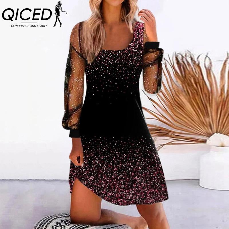 

QICED Женская Мода Весна Осень Однотонный Принт Длинный Рукав U-образный Вырез Завышенная Талия Повседневные Платья M