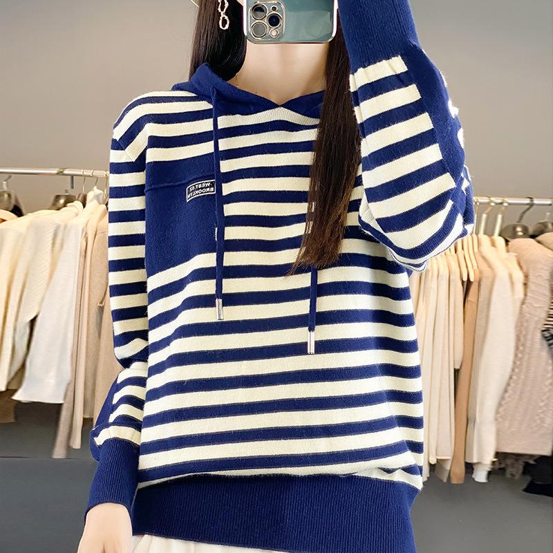 Autumn Fashion Hooded Sweater Women's Striped Colorblocking Casual Hooded Knit Top