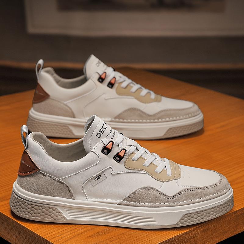 New Men Genuine Leather Casual Shoes for Man Autumn Flats Skateboard Shoes Youth Street Cool Patchwork Sneakers