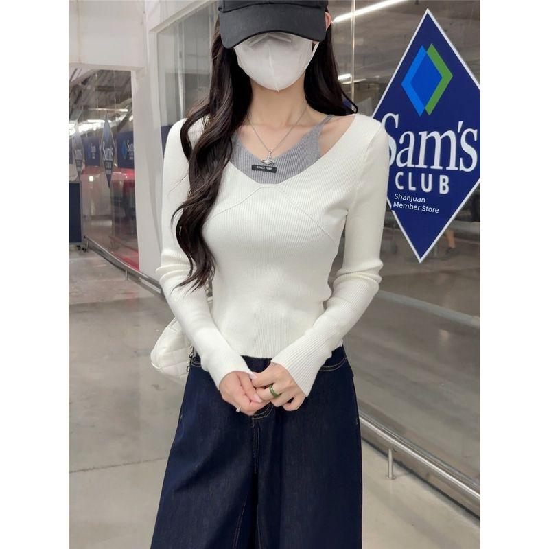 Kumikumi Pure Desire Style Sexy Temperament Fake Two Pieces Long sleeve Knit Women Autumn Waist Hugging Slimming Versatile Top