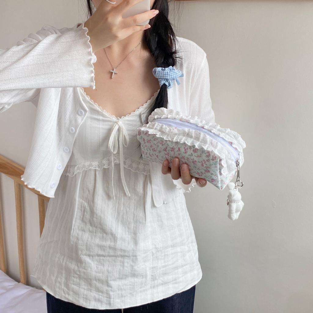 Lace floral pencil bag portable women's large-capacity new high-value student stationery box pencil storage bag