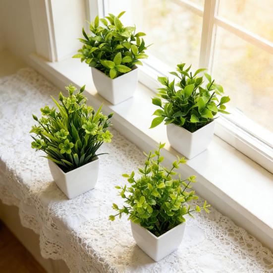 4 Stück Mini künstliche grüne Topfpflanzen, kleine Fake-Pflanzen mit Topf für Zuhause, Büro, Indoor, Tisch, Regal, Bauernhaus, Badezimmer Dekoration