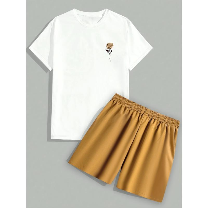 Men s suit #Rose printed short-sleeved T-shirt + drawstring waist beach shorts two-piece set S
