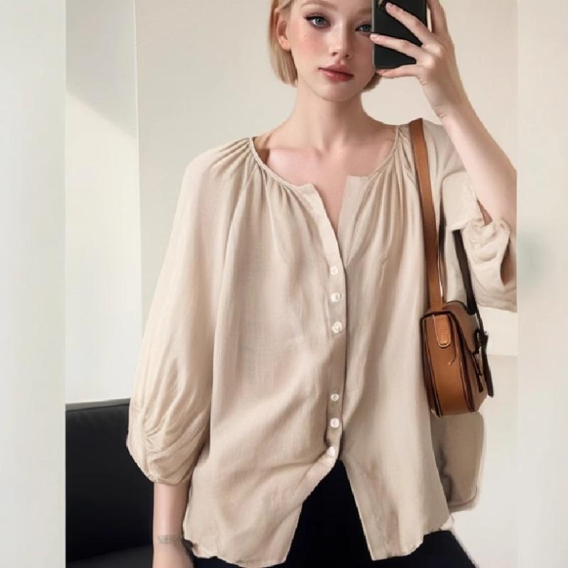 Summer Women's Cardigan Shirt Casual Solid Color Blouse Waist Loose Button Blouse