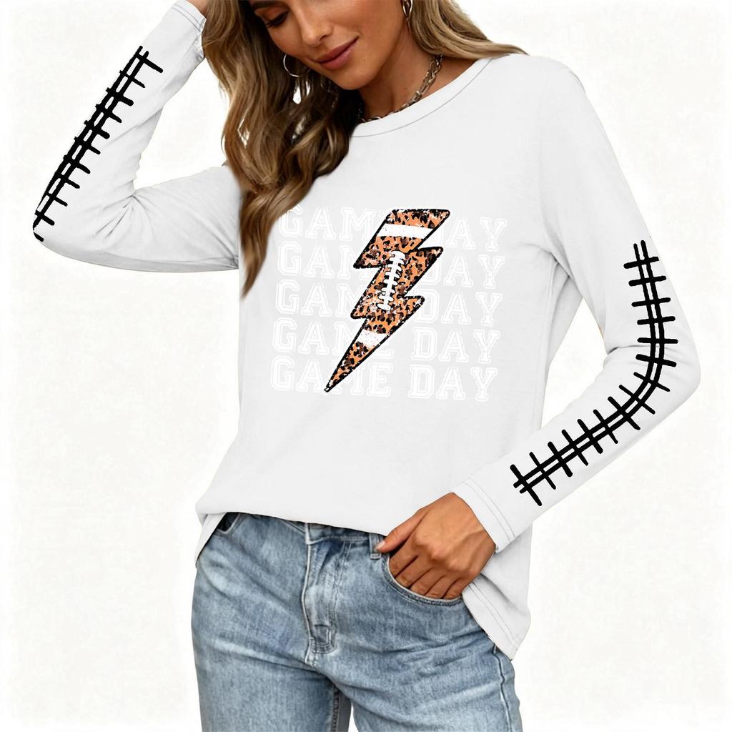 Women's Fashion Long Sleeve Neck Top with Rugby Print and Split Hem