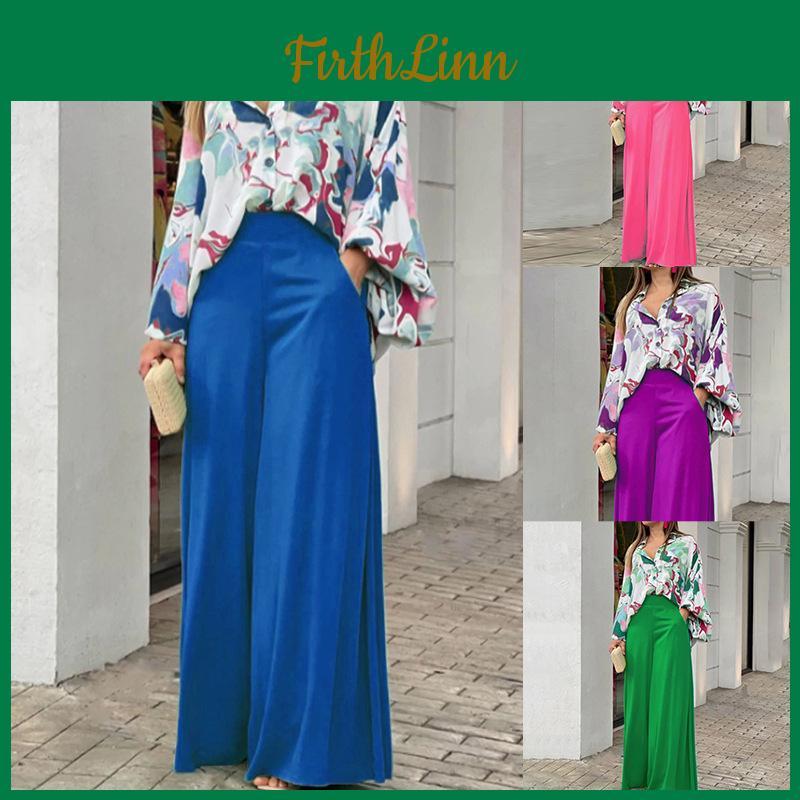 Elegant Womens Temperament Printed Shirt Wide Leg Pants Fashion Casual Suit