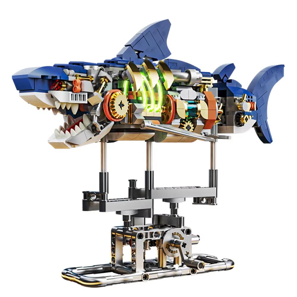 Sea Life Mechanical Shark Building Set Shark Building Blocks Set with Display Stand and Lights Block Gift for Kids and Adults