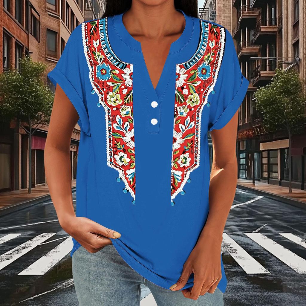 Damen Freizeit Locker Sitzend Kurzarm Knopf V-Ausschnitt Blumenmuster Bluse Top Leicht Atmungsaktiv Sommerhemd
