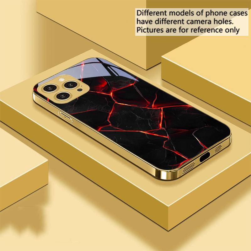 Red Lava Texture Pattern For IPhone 16 Pro Max 15 P Ro 14 13 Plus 12 Mini 11Pro Max XS Max XR Golden Tempered Glass Phone Case