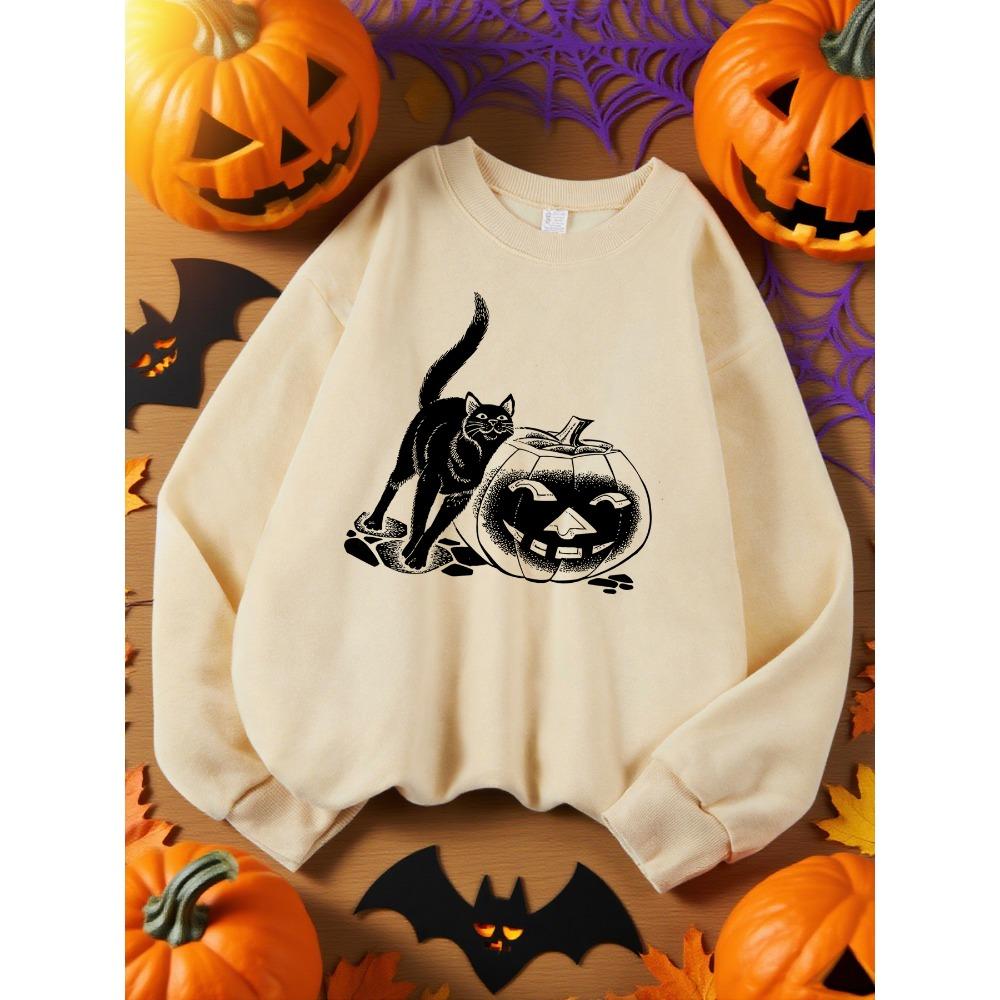 Black Cat and Pumpkin Lantern Prints Sweatshirt Woman Casual Fleece Sweatshirts Round Neck Autumn Top Hip Hop Sportswears