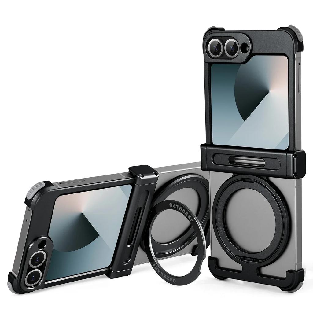 Oatsbasf for Samsung Galaxy Z Flip 6 Phone Case with 360° Rotation Stand Metal Magnetic Frameless Shockproof Protective Cover