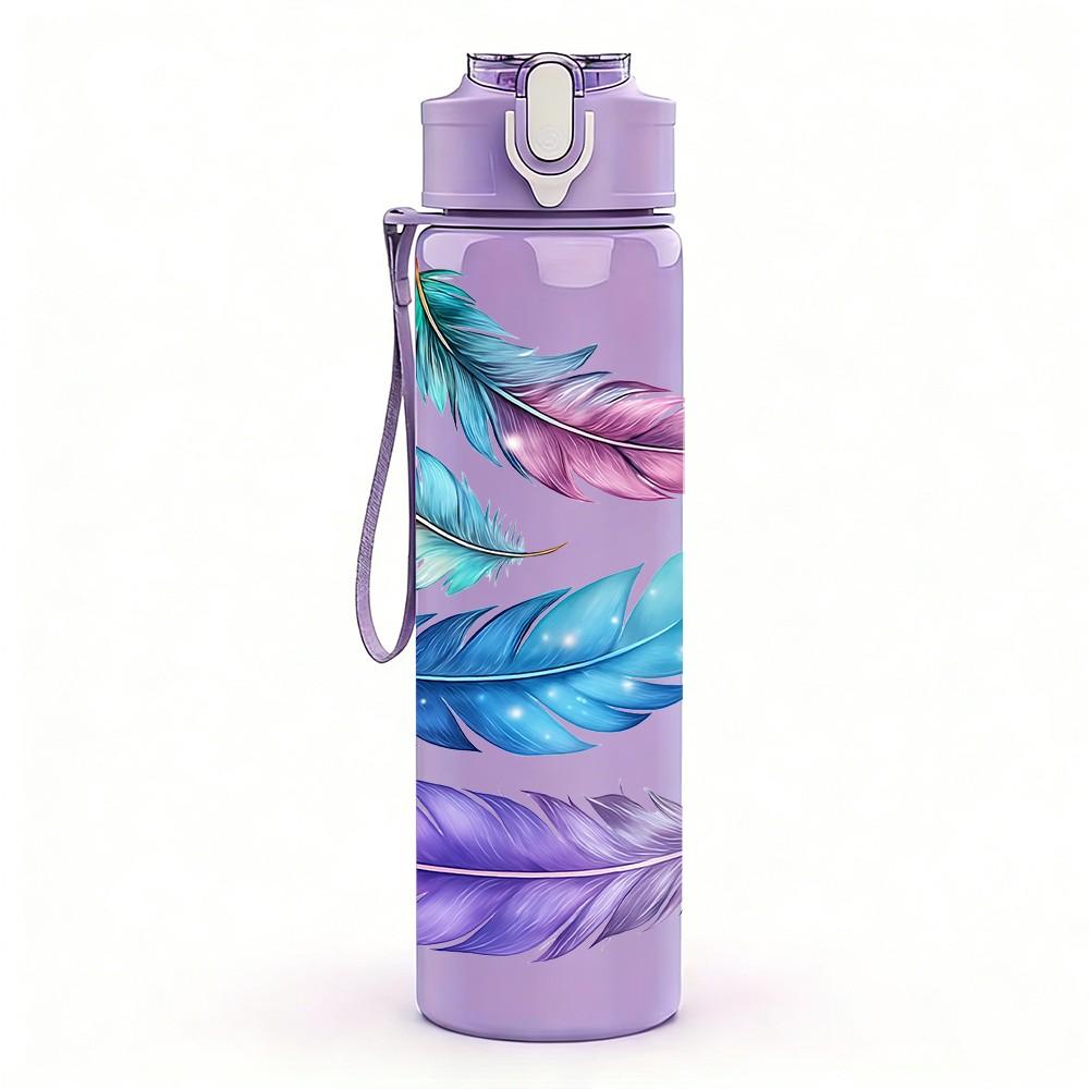 1PC Multicolor Soft Feather Art Print 750ml Color Plastic Sports Water Bottle Leakproof Flip Straw Lid Suitable for Sports Office Home Use