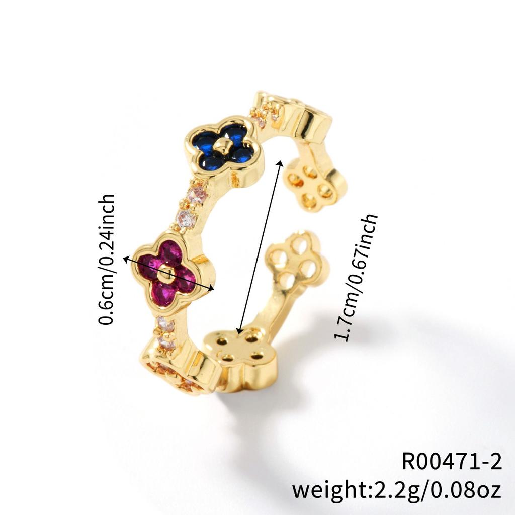 New Light Luxury Temperament Small Flowers Open Ring Atmosphere Sense Of Colour Zirconia Four-Leaf Flower Ring Four-Leaf Clover Ring