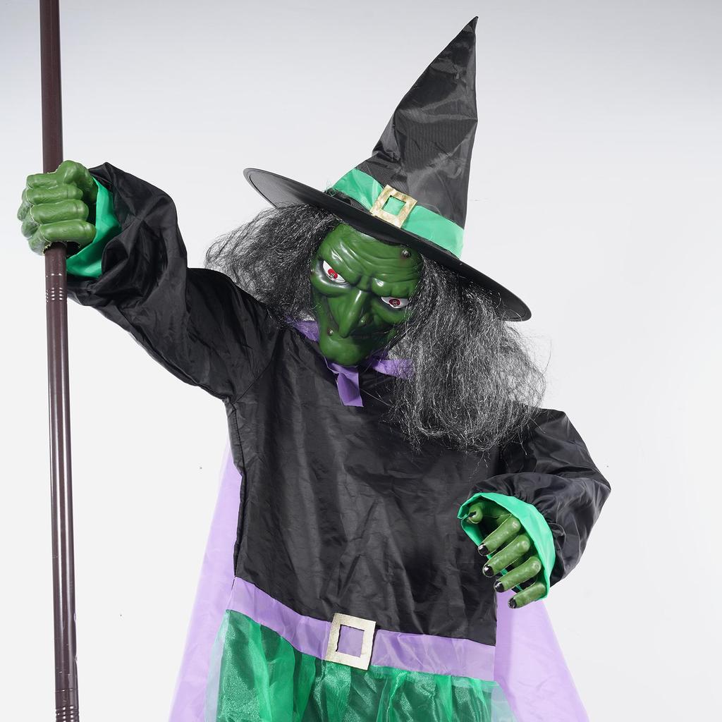 Witch On Broom Decoration 9.84Ft Sound Activation Broom Halloween Animatronic Witch Spooky Home Decor For Holiday Walkway