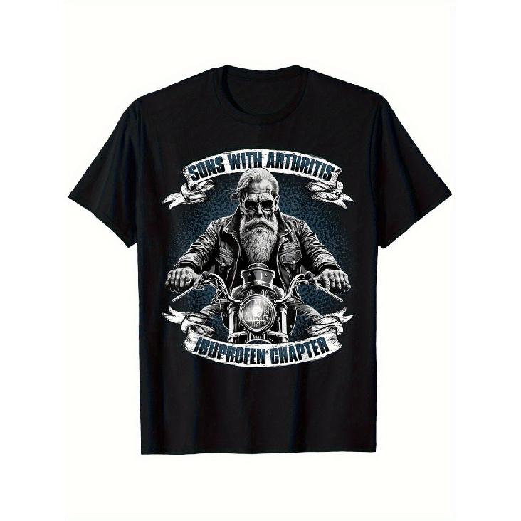Herren Weiches Baumwoll-Kurzarm-T-Shirt mit Lustiger Biker-Grafik, Entspannte Passform Rundhals-T-Shirt für Freizeitkleidung, Mit Bärtigem Fahrer auf Motorrad