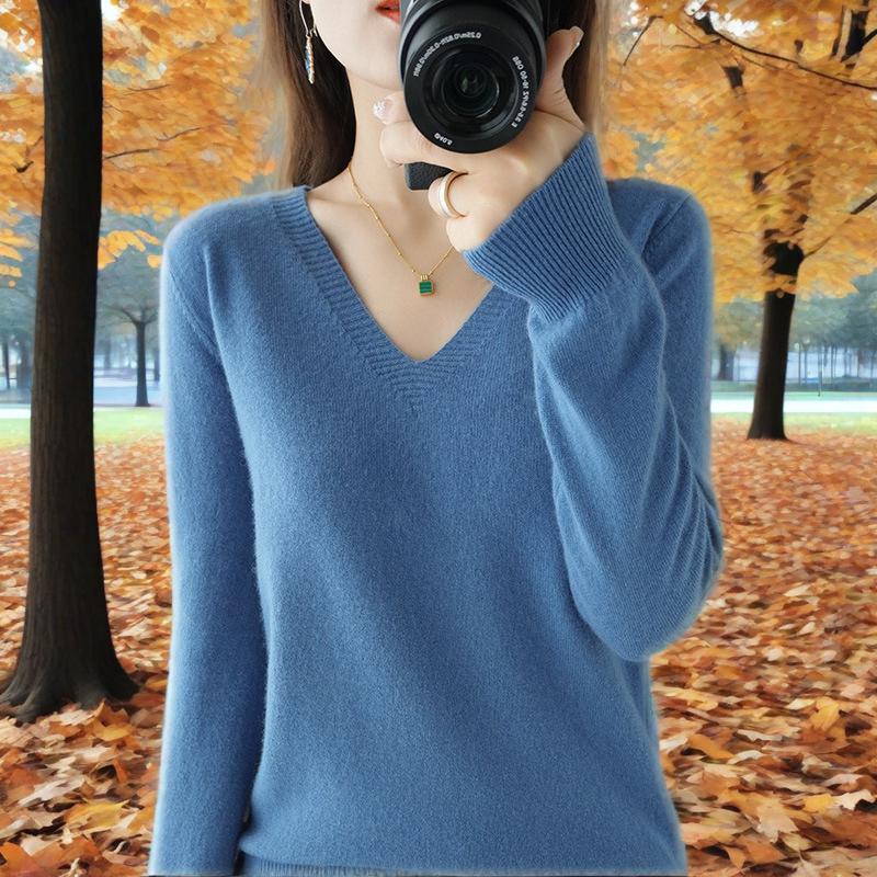 Jednobarevný pletený spodní svetr s výstřihem do V, tenký svetr, westernový styl, vnitřní vrstva