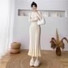 Elegant French Tea Break Style Knit Midi Dress Women Winter High Waist Long Sleeve Solid Color