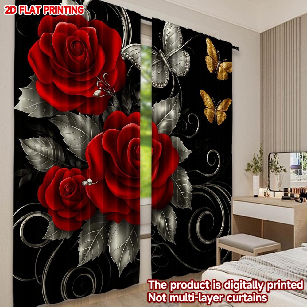 Set Of 2 Flat Printing Happy Valentine Day Window Drapes Romantic Red White Rose Butterfly Digital Printed Polyester Curtains Made