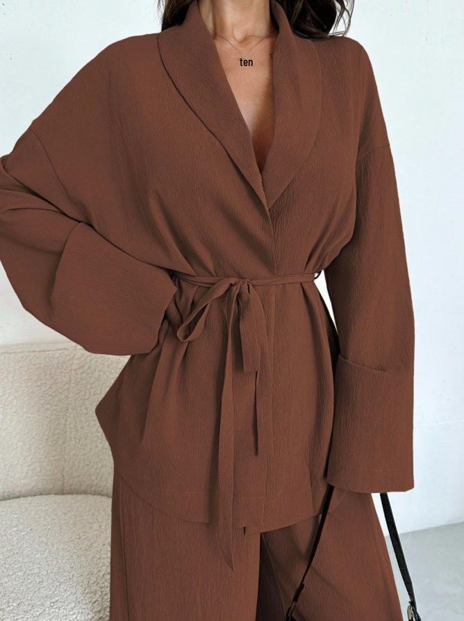 2025 Autumn/Winter European & American Fashion V-Neck Women's Elegant Long-Sleeved Wide-Leg Pants Set