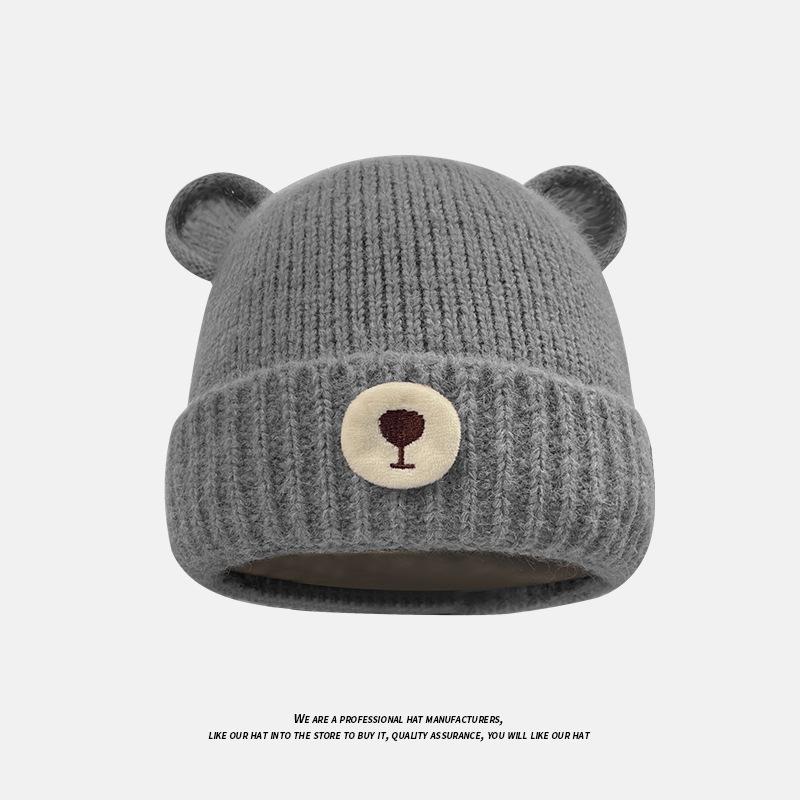 Autumn and Winter Commuting Warm Knitted Hat for Women Cute Bear Ear Protection Pullover Hat Outdoor Windproof and Coldproof Woolen Hat Trendy