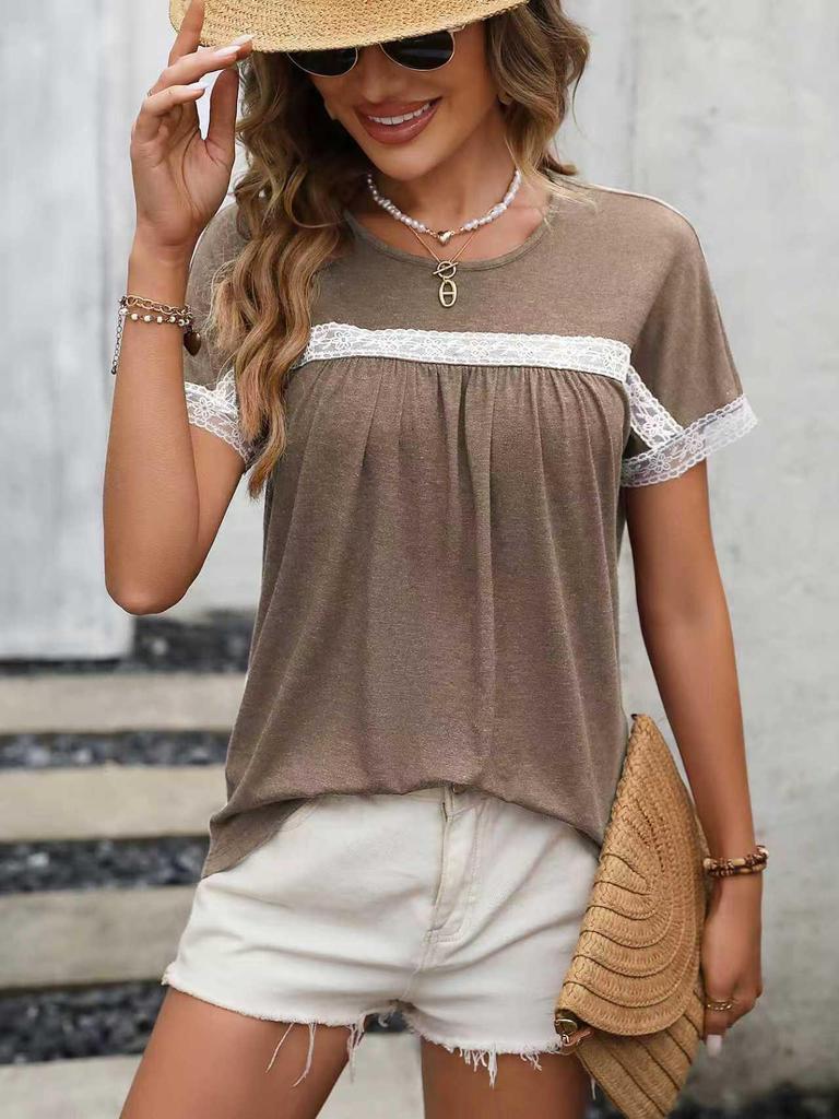 Spring/Summer 2026 Women's Round Neck Lace Patchwork Short Sleeve T-shirt