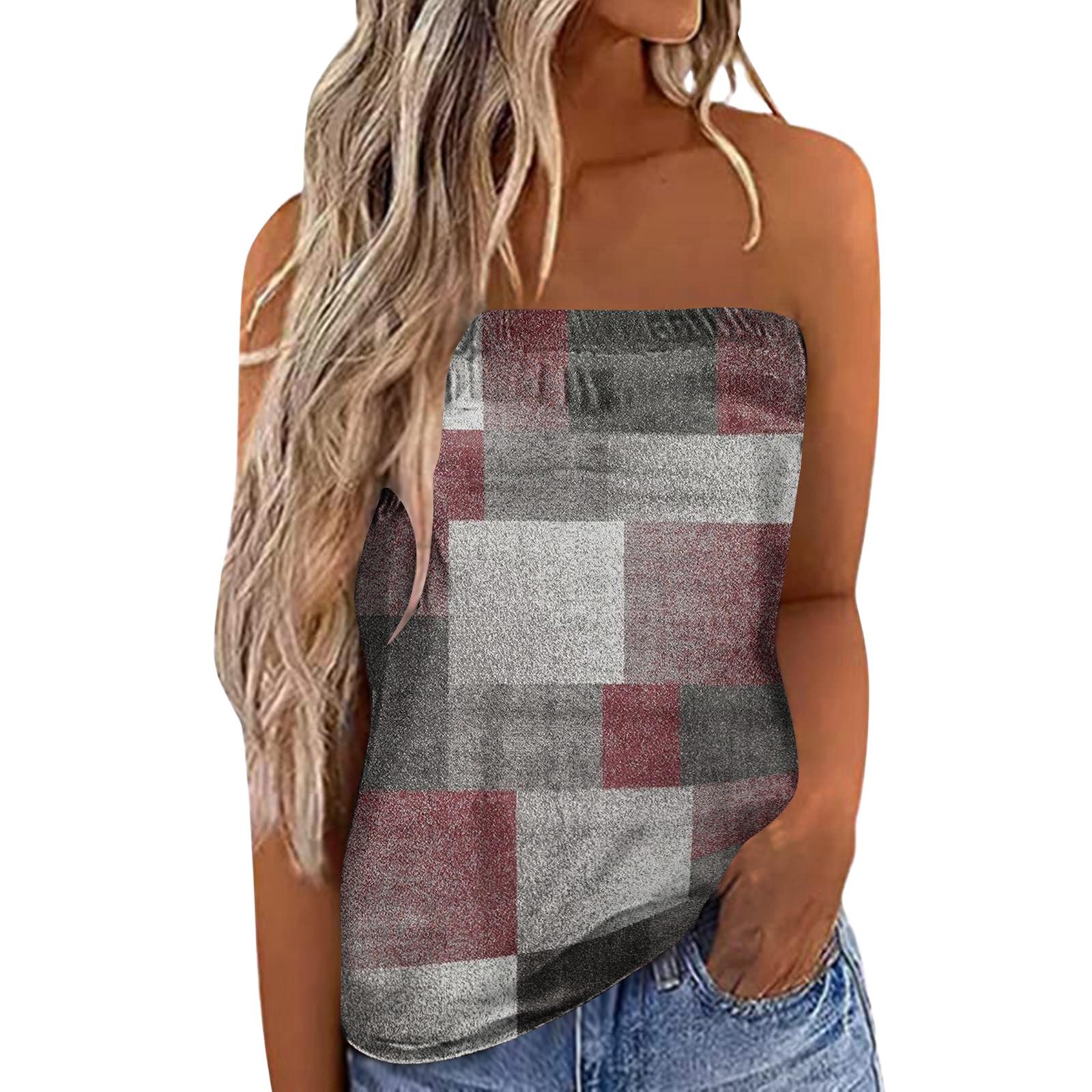Women s Summer Sexy Strapless Off-Shoulder Elastic Band Plaid Print Top XL