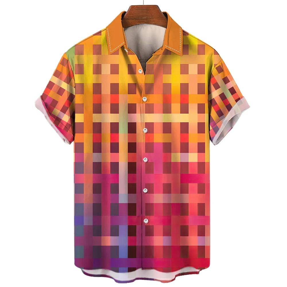 

Hawaiian Rainbow Colorful Plaid Shirt for Man Oversized 3d Fashion Causal Short Sleeve Simple Button Beach Clothing Summer 5XL