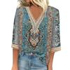 Blusa feminina casual solta, camisas, manga 3/4, acabamento em renda, estampa, decote em V, tops estampados, camisetas, camisetas