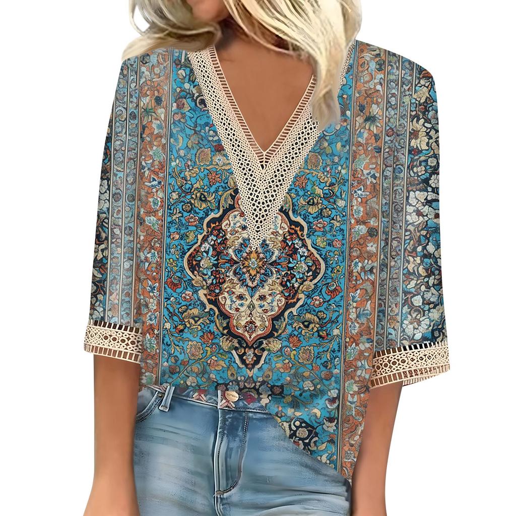 Blusa feminina casual solta, camisas, manga 3/4, acabamento em renda, estampa, decote em V, tops estampados, camisetas, camisetas