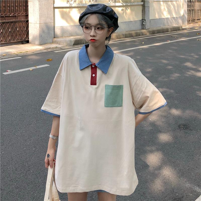 Femeii cămașă polo din bumbac retro cu mânecă scurtă tricou cu buzunar larg versiune coreeană Harajuku vânt top polo