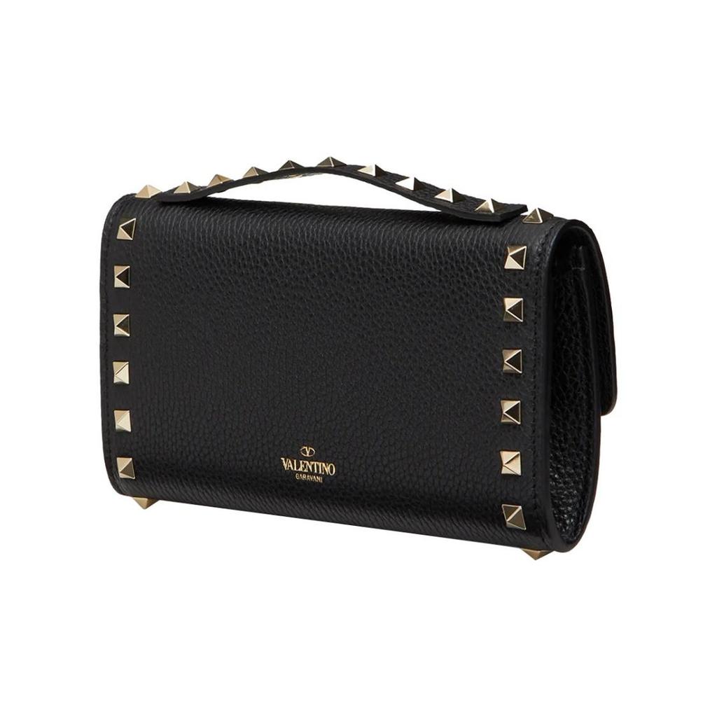 Valentino GARAVANI Grained Leather Wallet with Metal Rivet Buckle Chain Strap Calfskin Women's Black