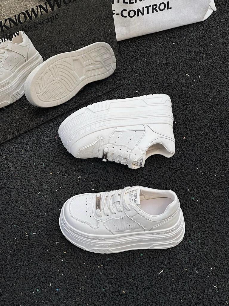Women's Platform Sneakers - Genuine Leather, White, Height-Increasing, Autumn 2025 Collection, 7CM Sole, Petite Casual Sports Style