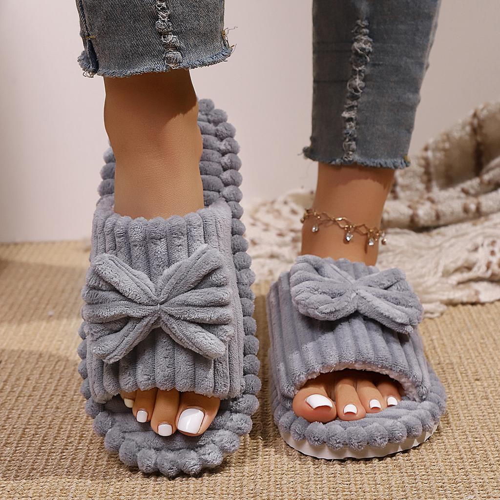 Warme Hausschuhe mit Schleifendekor, lässige Plüschschuhe mit offener Spitze, bequeme Hausschuhe
