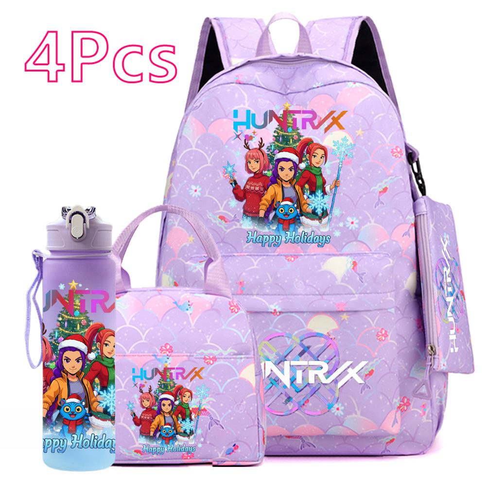 4Pcs/set Christmas KPOP Printed Backpack with Handbag Pencil Case 750Ml Water Bottler for Teenager Boy Girl Large Capacity Bookbag Schoolbag Kid Gift