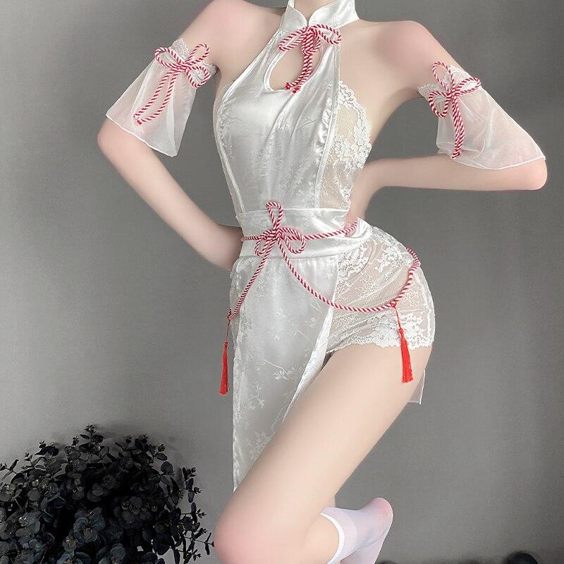 Sexy Chinese Cheongsam Skirt Backless Lace See Through High Split Hollow Out Lingerie Mini Qipao Set