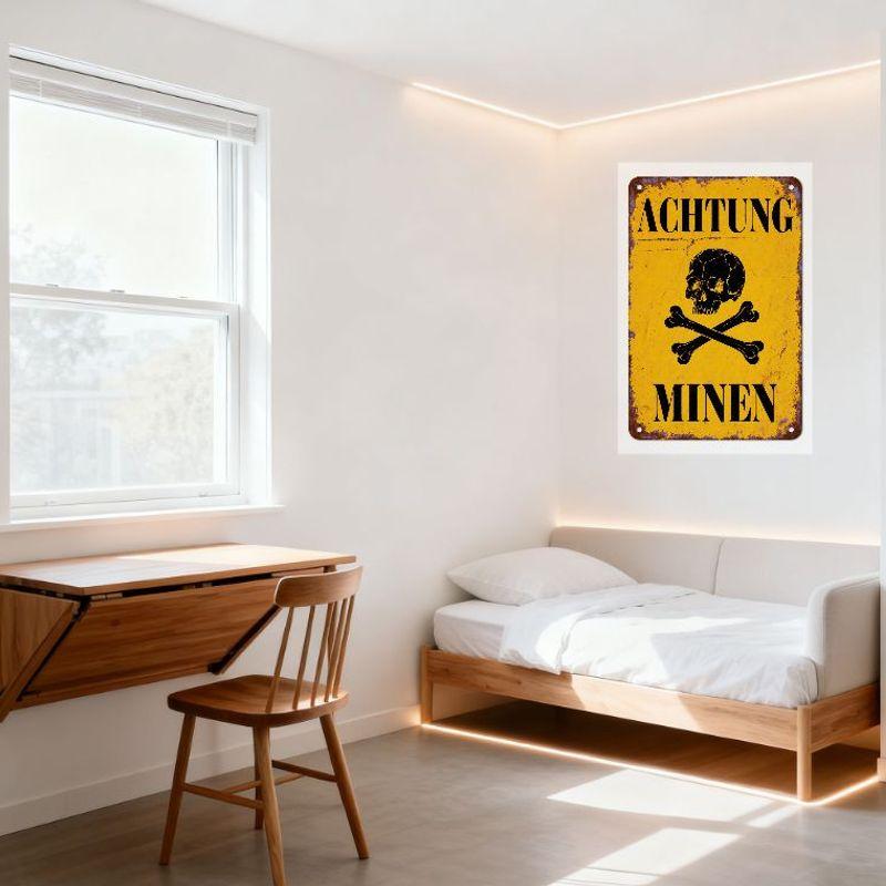 Segnale Metallico Vintage Achtung Minen Tedesco Campo Minato Teschio e Tibie Incrociate Usurato Giallo Decorazione Murale Retrò per Bar Man Ca