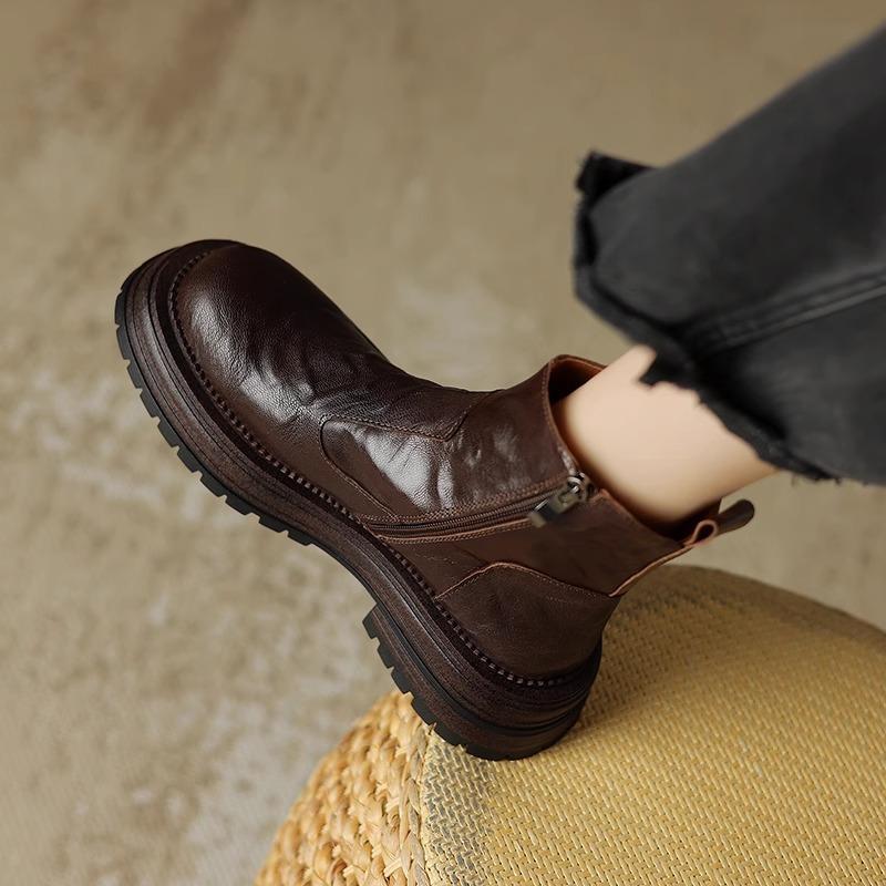 

Кожаные ботинки Martin на платформе, женские, в британском стиле, ретро, с круглым носком, на толстом каблуке, короткие, с боковой молнией 35 коричневый