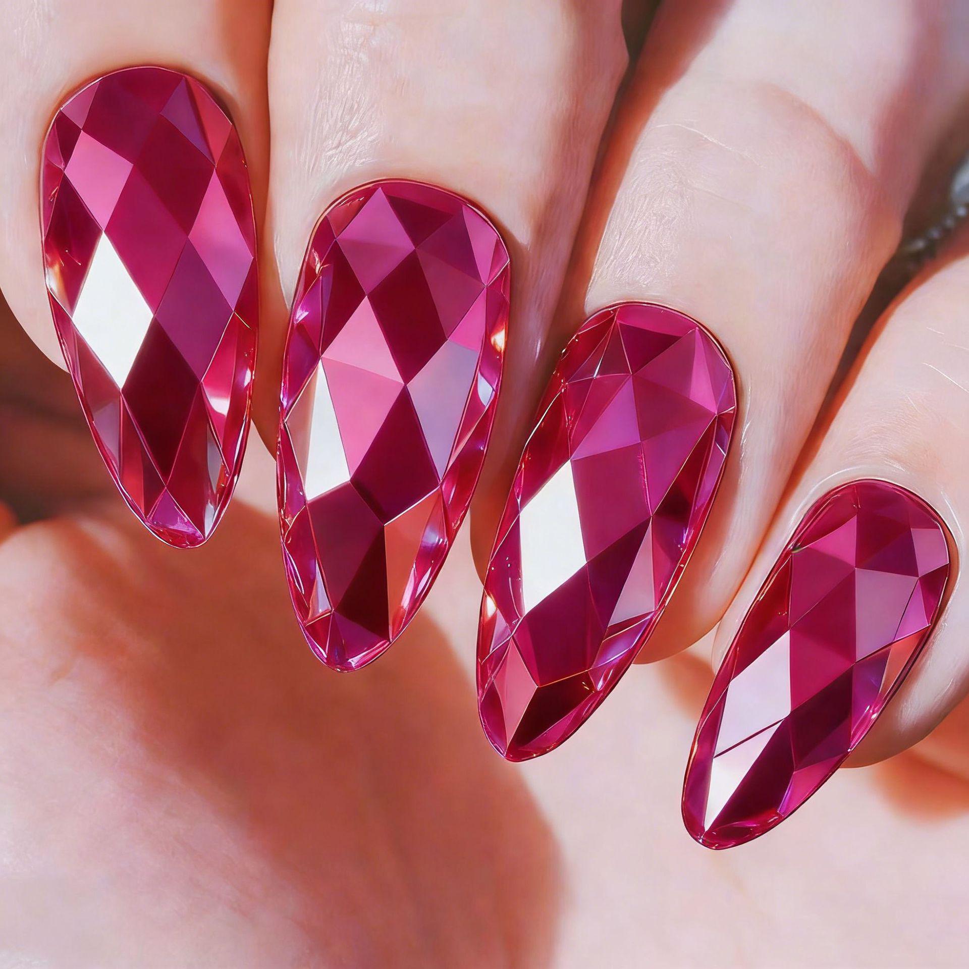 Iridescent 3D Almond Rose Red False Nails with Multi-faceted Diamond Design