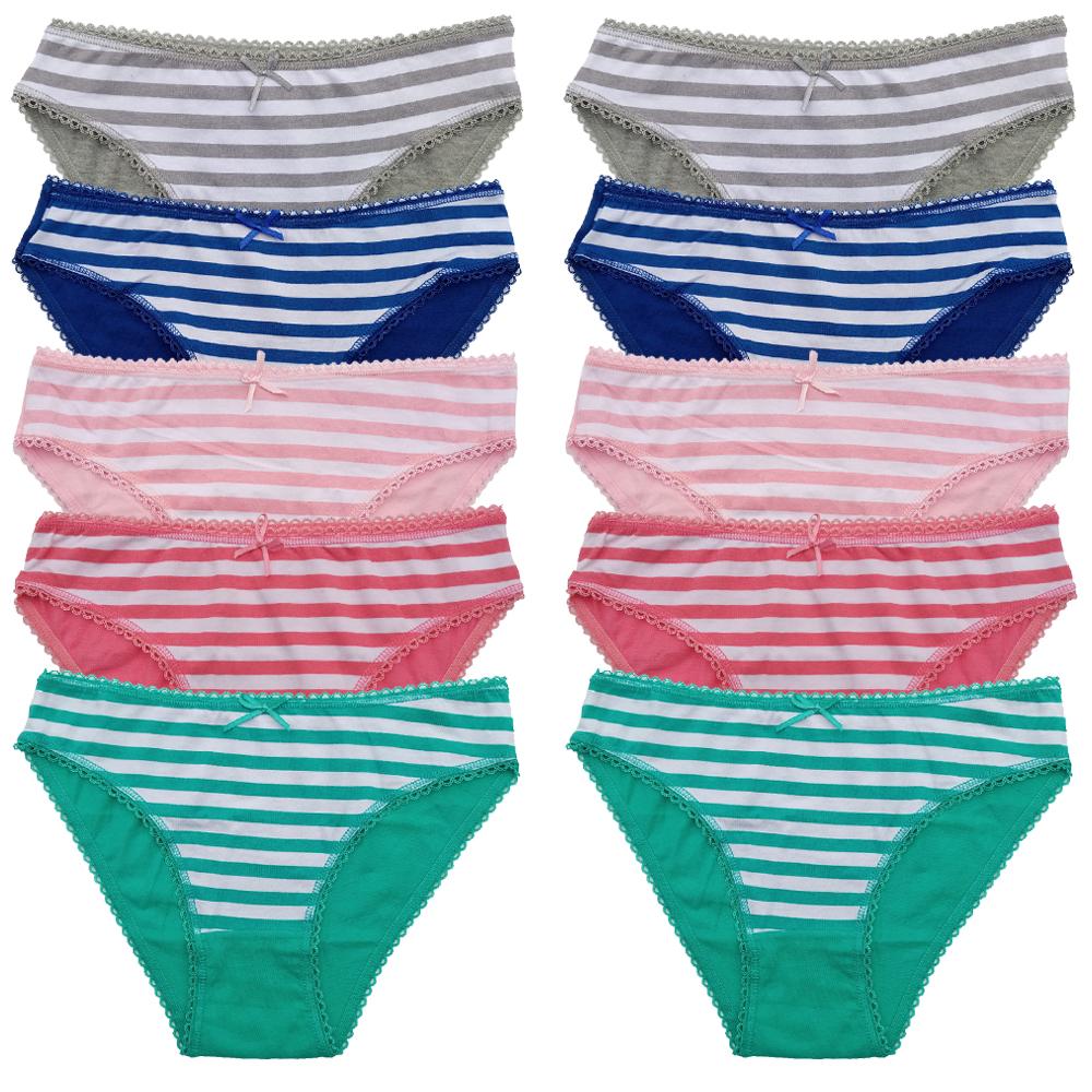 Cotton Panties for Woman Sexy Lace Underwear Briefs Set Lingerie Girls Ladies Bikini Underpants Striped Print Knickers 10Pcs/set