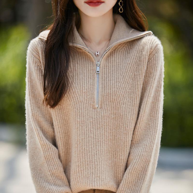Women's Pure Wool Loose Fit Lapel Pullover Sweater - Versatile Semi-High Neck Knitwear for Autumn/Winter.
