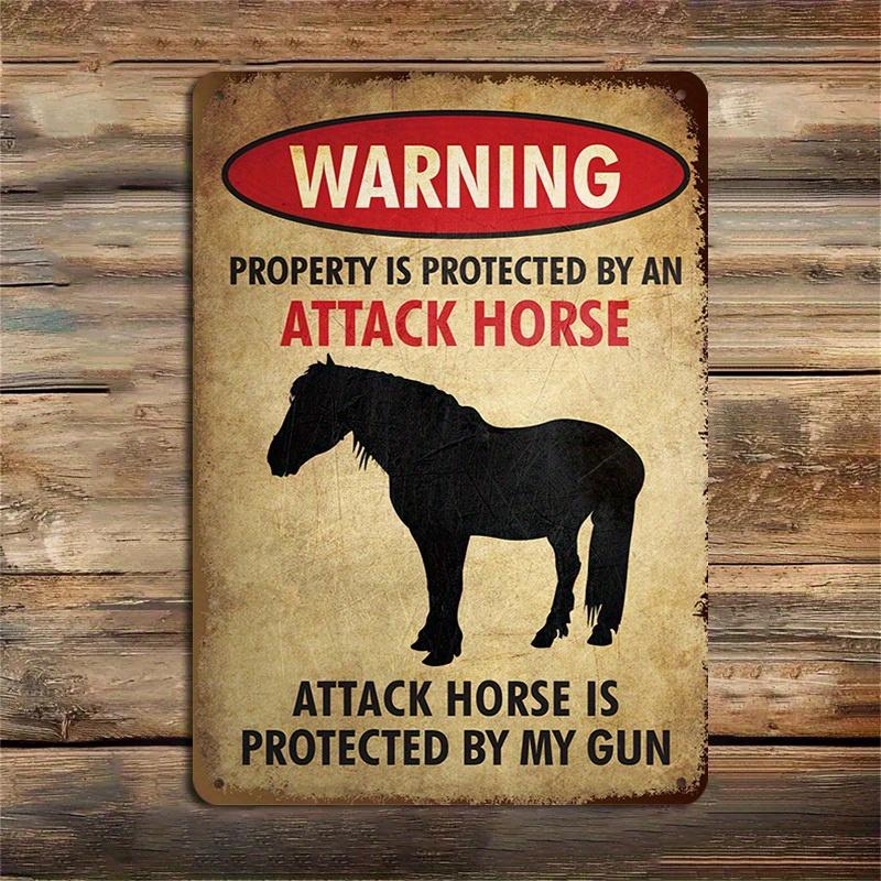Funny Attack Horse Warning Sign Protects Property with Gun Vintage Farmhouse Decor Metal Tin Poster Weatherproof IndoorOu