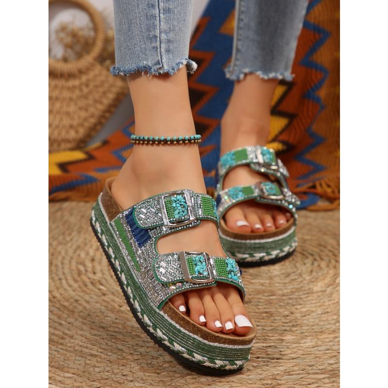 New Cross-border Foreign Trade Thick-soled Hemp Rope Double-buckle Rhinestone Cork Beach Slippers Large-size Women's Shoes