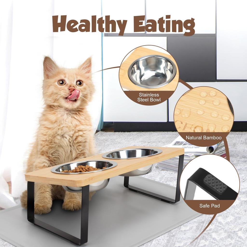 Elevated Cat Bowls with Food Mat 15° Tilted Stand Raised Cat Dishes for Food and Water Feeder 2 Stainless Steel Bowls for Cats