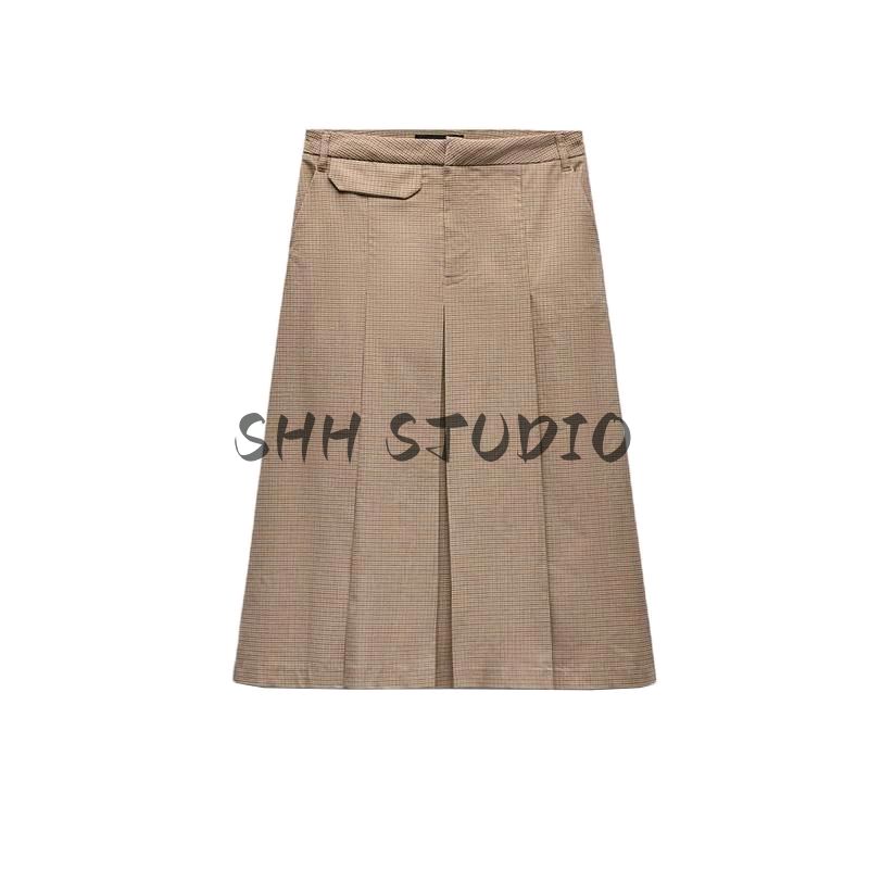 Spring New Wide Pleat Plaid Midi Dress 3152401 Tube Top Straight Collar Strapless Sleeveless Top 3067002