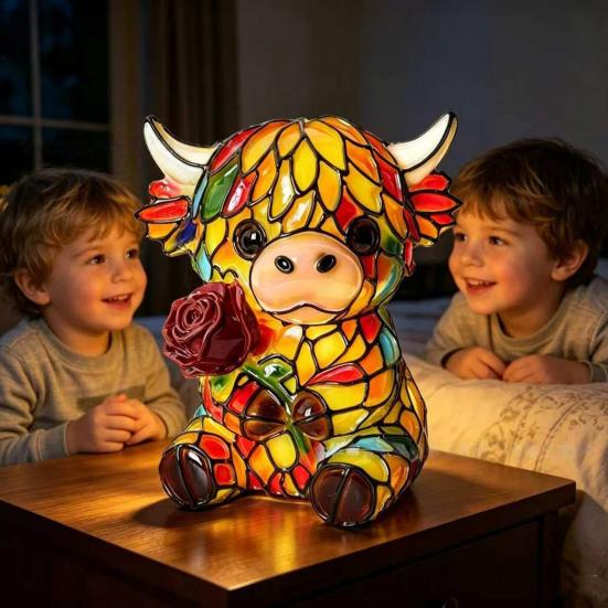 Rainbow Stained Glass Animal Night Light, USB Powered Retro Highland Cow/Koala/Squirrel Resin Lamp for Bedroom, Desk, Home Decor